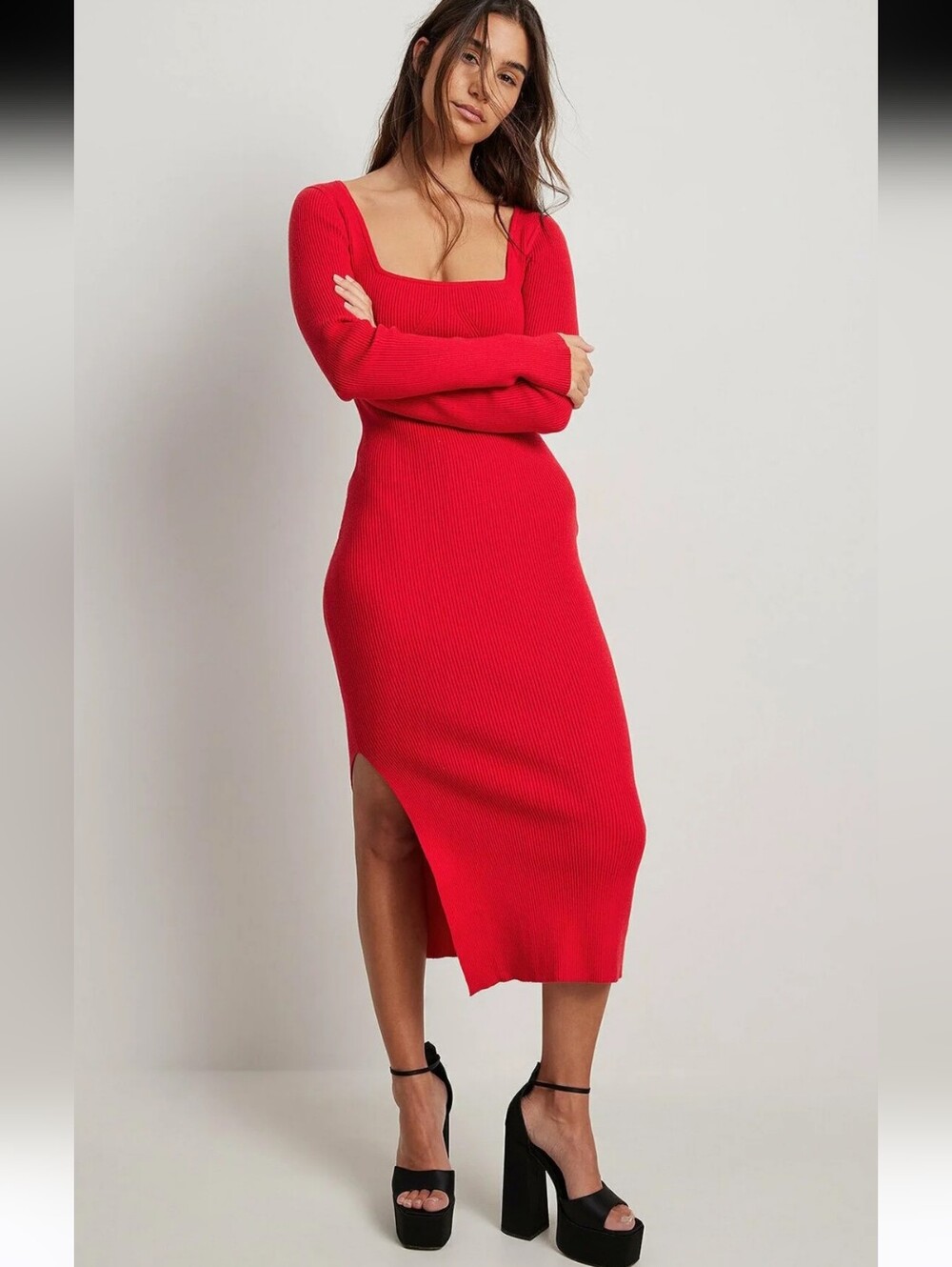 NA-KD Scoop Neck Midi Slit Dress Size XS